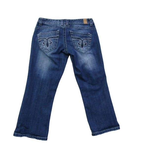 Maurices Bootcut Jeans 3/4 Low Rise Stretch Blue Denim Embroidered Pockets Y2K - Picture 3 of 11